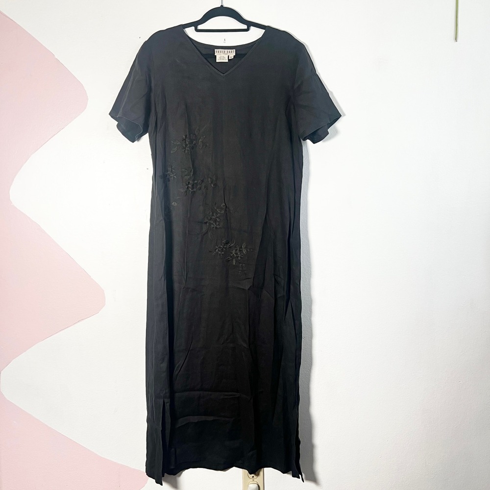 David Dart 100% Linen Maxi Dress‎ Medium Black Floral Embroidered Vacation